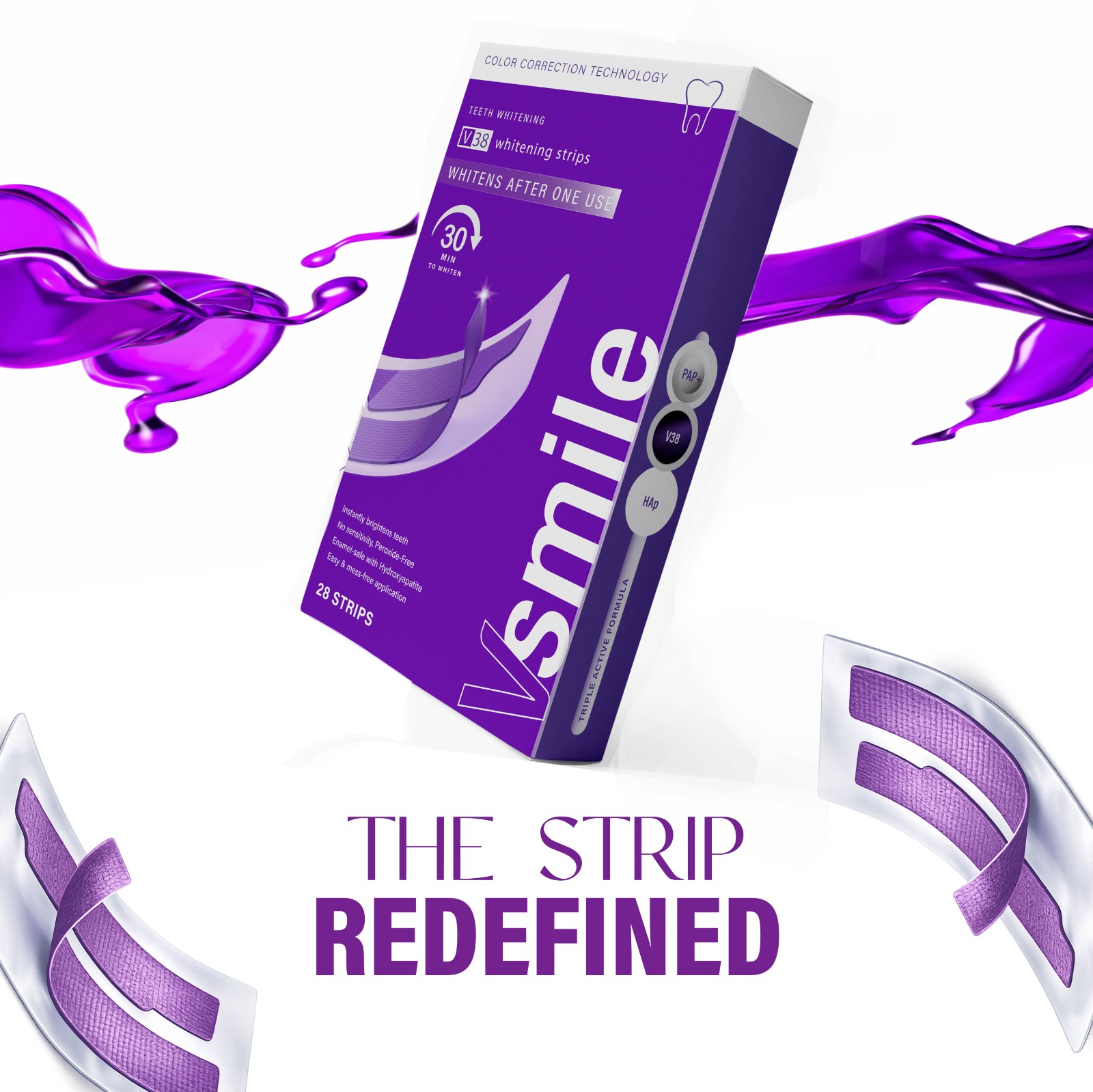 VSmile V38 purple whitening strips box — peroxide-free PAP+ teeth whitening by VSmile teeth