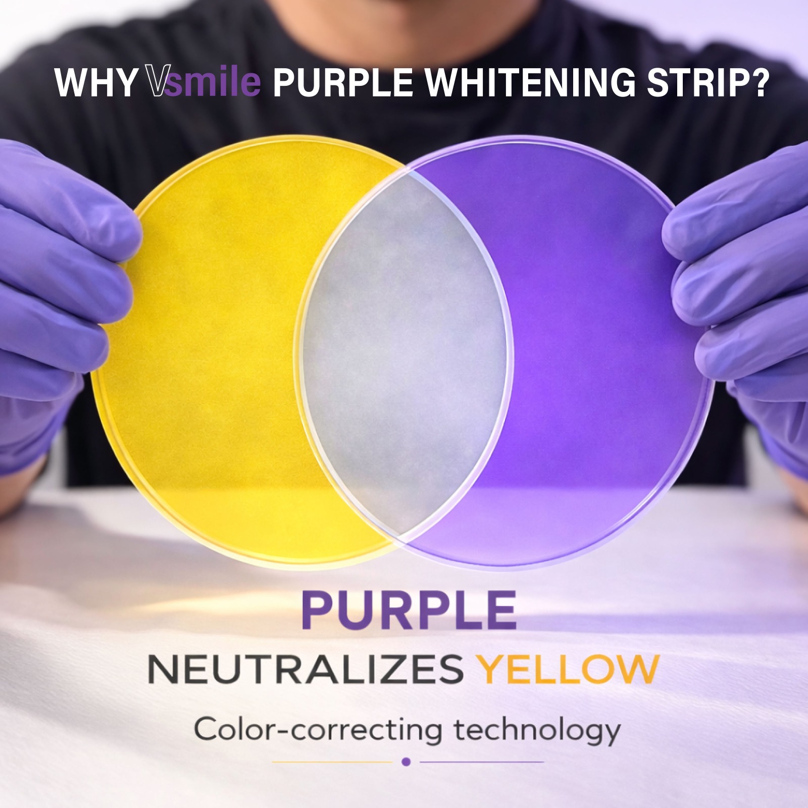 VSmile V38 color science — purple neutralizes yellow teeth stains (vsmileteeth infographic)
